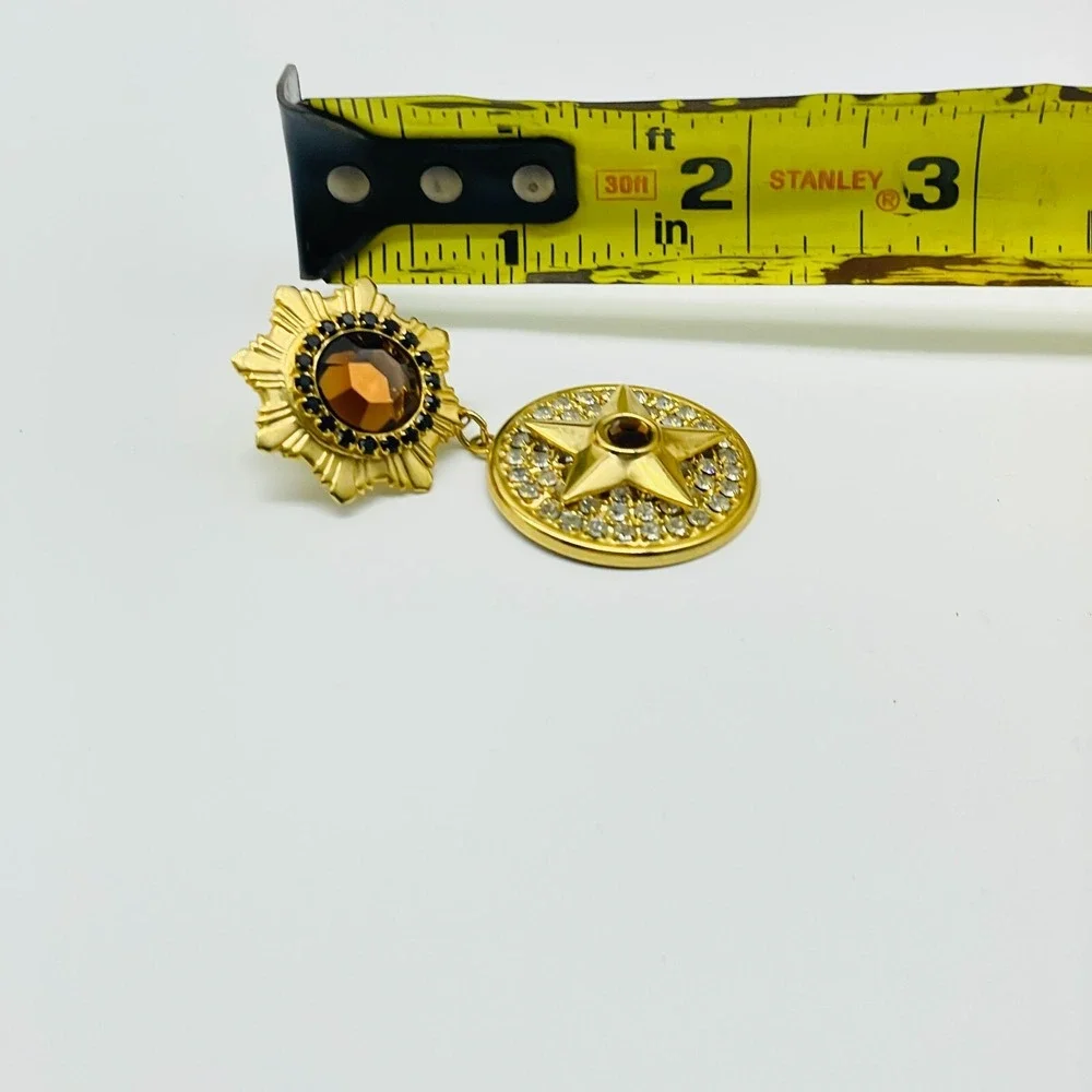 Vintage Pierced Earrings Rhinestone Star Medallion Drop  Cognac Gold Tone